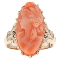 Gelbgold Koralle Edwardian Cocktail Solitaire Ring - 10k geschnitzt Kamee antik