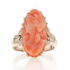 Yellow Gold Coral Edwardian Cocktail Solitaire Ring - 14k Carved Cameo Antique