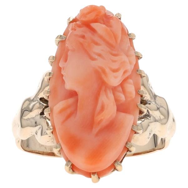 Bague Solitaire Cocktail Edwardian en Or Jaune Corail - 14k Carved Cameo Antique