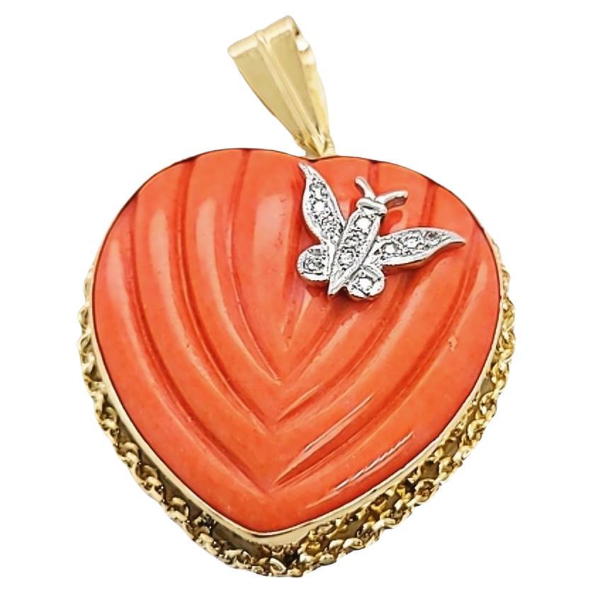 Yellow Gold Coral Heart with Butterfly Accent  For Sale
