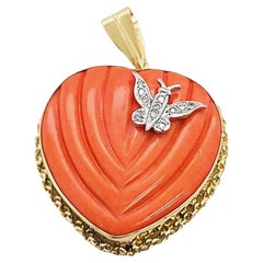 Retro Yellow Gold Coral Heart with Butterfly Accent 