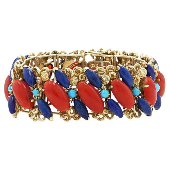 Bracciale in oro giallo con pannello di corallo, lapislazzuli e turchese, 6 3/4" 14k Cabochon