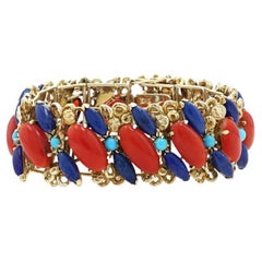 Bracciale in oro giallo con pannello di corallo, lapislazzuli e turchese, 6 3/4" 14k Cabochon