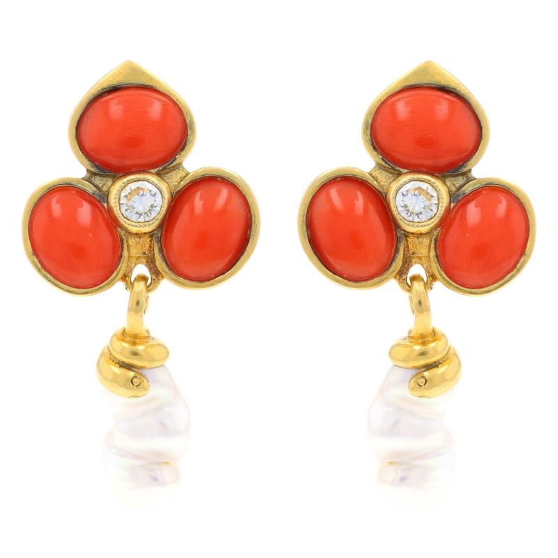 Brand: The Golden Eye

Metal Content: 18k Yellow Gold

Stone Information

Natural Coral
Color: Reddish Orange

Cultured Baroque Pearls
Color: White

Style: Large Studs with Removable Dangle Enhancers
Fastening Type: Omega Closures
Theme: Clover &