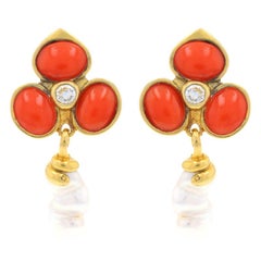 Yellow Gold Coral & Pearl Earrings -18k Clover & Snake Studs w/ Dangle Enhancers