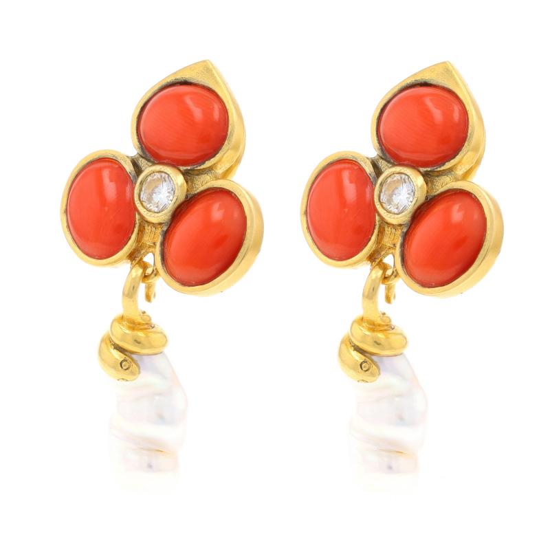 Bead Yellow Gold Coral & Pearl Earrings -18k Clover & Snake Studs w/ Dangle Enhancers For Sale