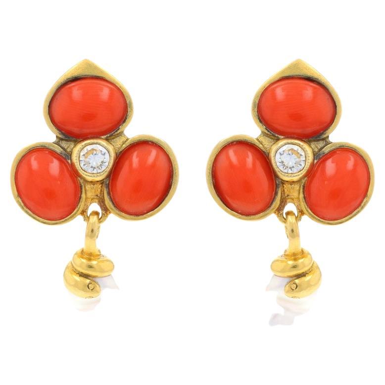 Yellow Gold Coral & Pearl Earrings -18k Clover & Snake Studs w/ Dangle Enhancers For Sale