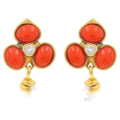 Yellow Gold Coral & Pearl Earrings -18k Clover & Snake Studs w/ Dangle Enhancers