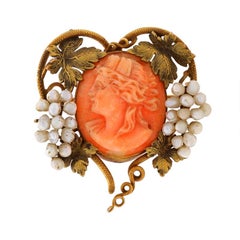 Yellow Gold Coral & Pearl Edwardian Grape Heart Brooch/Pendant 14k Antique Cameo