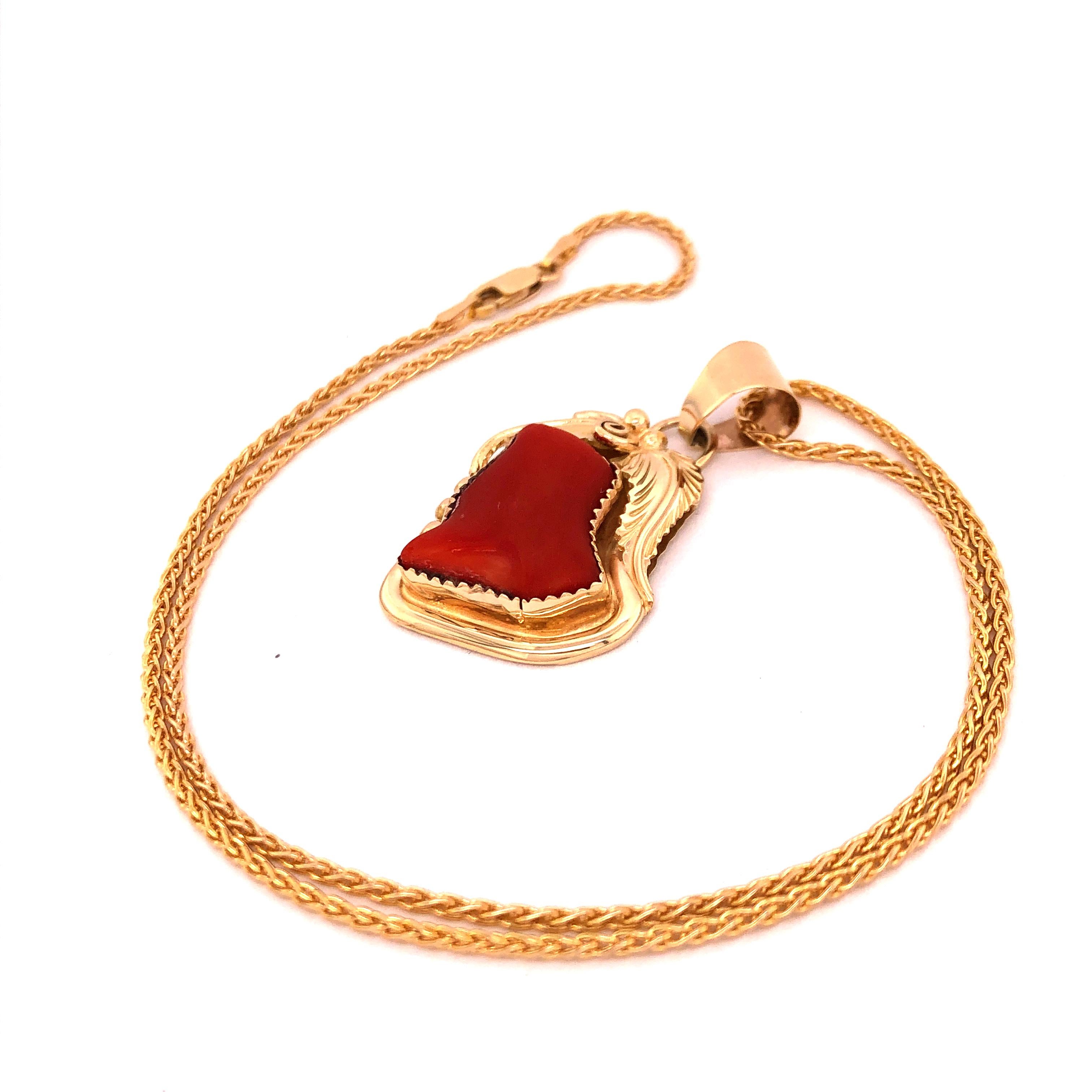 Women's Yellow Gold Coral Pendant on Yellow Gold Wheat Chain
