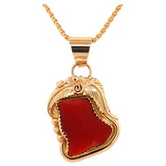 Yellow Gold Coral Pendant on Yellow Gold Wheat Chain