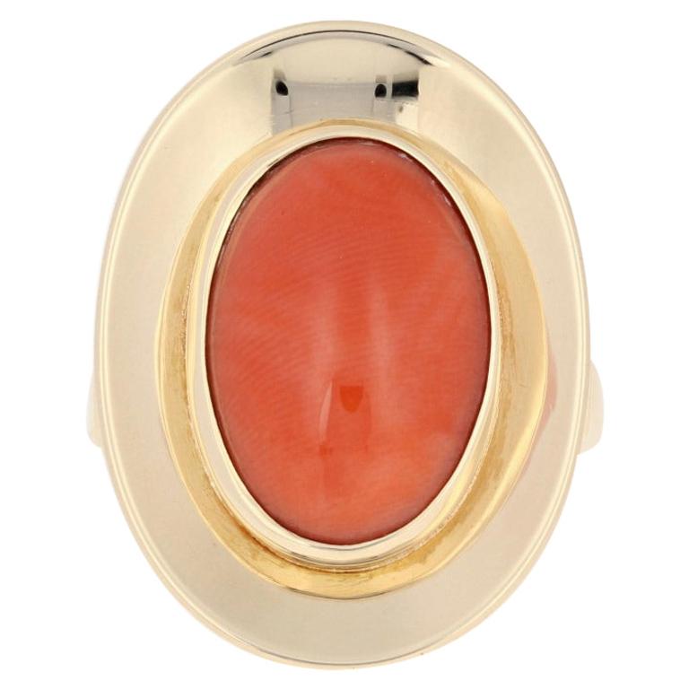 Yellow Gold Coral Ring, 14 Karat Oval Cabochon Cut Cocktail Solitaire