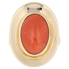 Yellow Gold Coral Ring, 14 Karat Oval Cabochon Cut Cocktail Solitaire