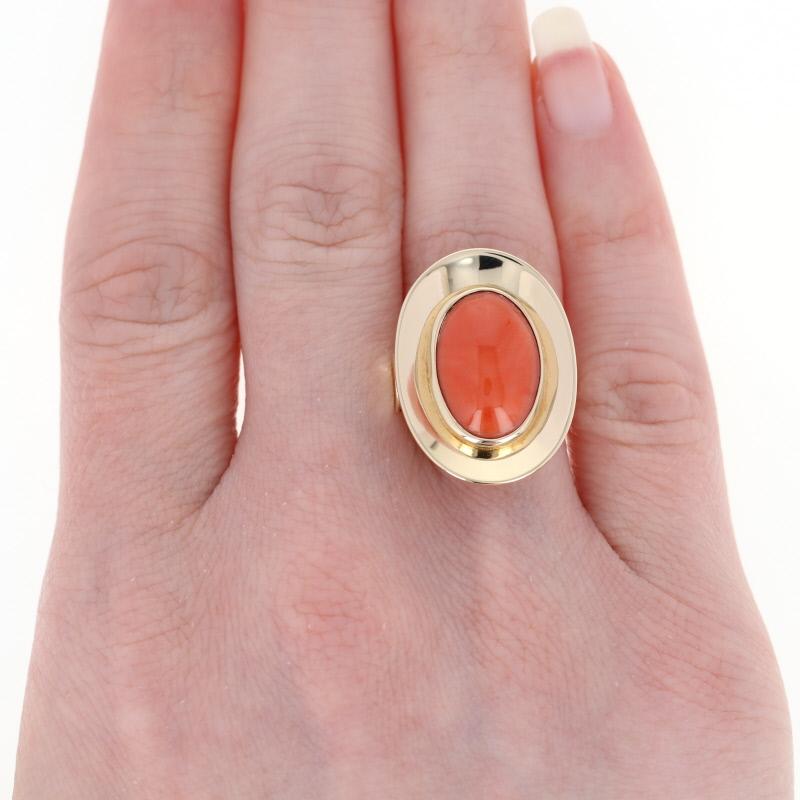 Oval Cut Yellow Gold Coral Ring, 14 Karat Oval Cabochon Cut Cocktail Solitaire