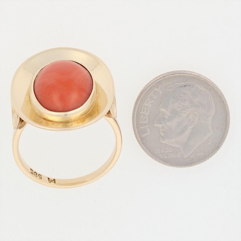Yellow Gold Coral Ring, 14 Karat Oval Cabochon Cut Cocktail Solitaire 1