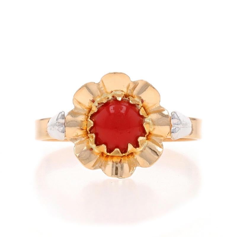 Size: 5
Sizing Fee: Up 2 sizes for $40 or Down 1 size for $30

Metal Content: 18k Yellow Gold & 18k White Gold

Stone Information

Natural Coral
Cut: Round Cabochon
Color: Orangey Red

Style: Solitaire
Theme: Flower

Measurements

Face Height (north