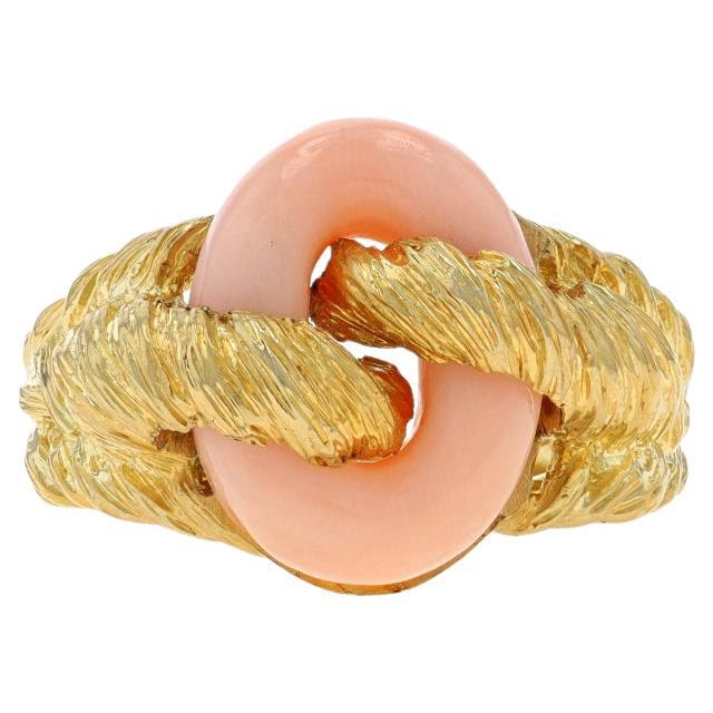 Yellow Gold Coral Solitaire Ring - 18k Woven Knot Link For Sale