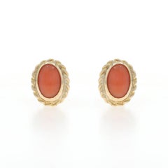 Yellow Gold Coral Stud Earrings - 14k Oval Cabochon Rope Pierced