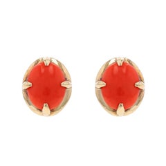 Yellow Gold Coral Stud Earrings - 18k Oval Cabochon Pierced
