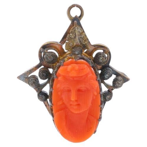 Yellow Gold Coral Victorian Solitaire Pendant - 10k Antique Cameo Silhouette For Sale