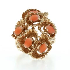 Yellow Gold Coral Vintage Cluster Cocktail Ring - 10k Oval Cabochon Floral