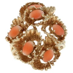Yellow Gold Coral Vintage Cluster Cocktail Ring - 10k Oval Cabochon Floral