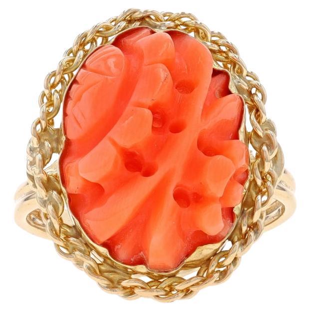 Yellow Gold Coral Vintage Cocktail Solitaire Ring - 14k Carved Flowers