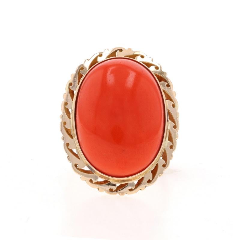 Size: 8 1/2
Sizing Fee: Up 3 sizes for $50 or Down 1 size for $40

Era: Vintage

Metal Content: 14k Yellow Gold

Stone Information

Natural Coral
Cut: Oval Cabochon
Color: Orange

Style: Cocktail Solitaire
Features: Open Cut Wave Design on