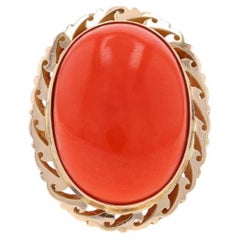 Yellow Gold Coral Vintage Cocktail Solitaire Ring - 14k Oval Cabochon