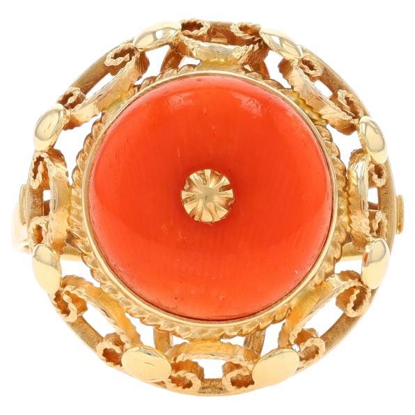 Yellow Gold Coral Vintage Cocktail Solitaire Ring - 14k Rope Scrollwork