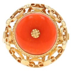 Bague Solitaire Cocktail Vintage en Or Jaune Corail - 14k Rope Scrollwork