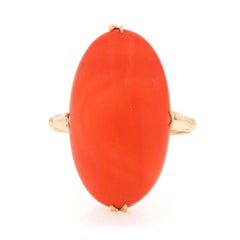 Yellow Gold Coral Vintage Cocktail Solitaire Ring - 18k Oval Cabochon