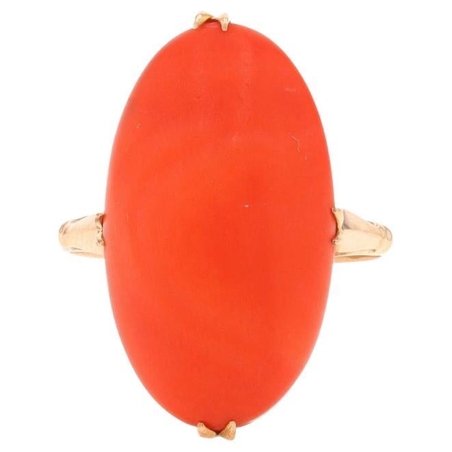 Anillo Solitario Cocktail Vintage Coral de Oro Amarillo - Cabujón Ovalado 18k