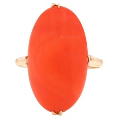 Yellow Gold Coral Vintage Cocktail Solitaire Ring - 18k Oval Cabochon