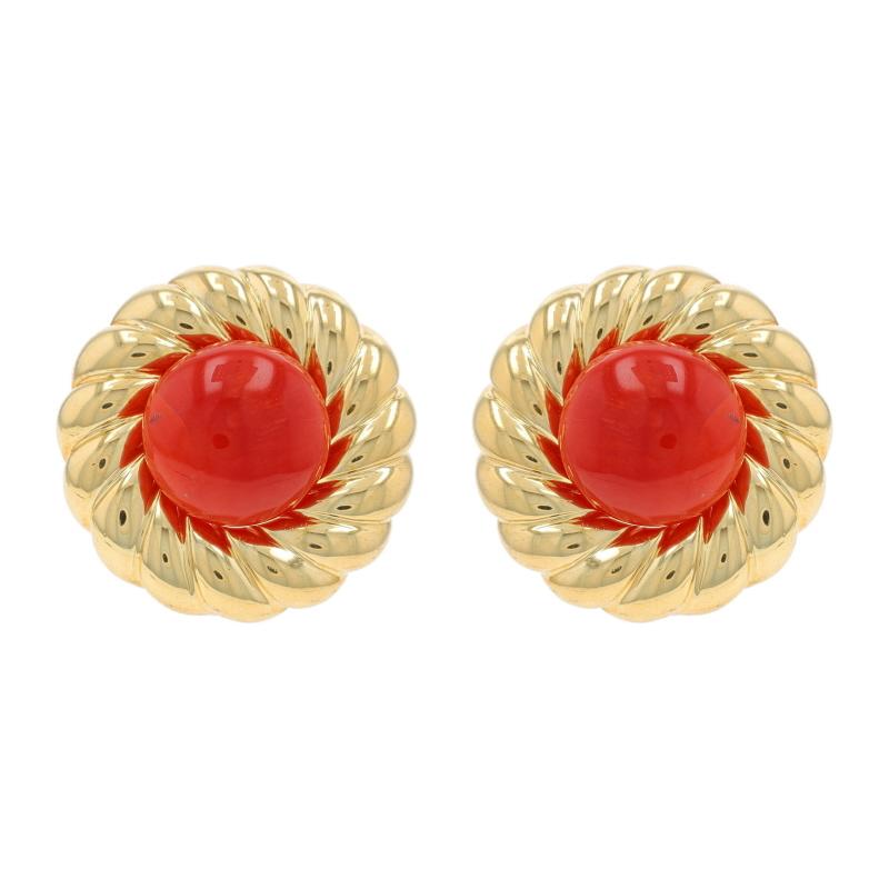 Epoche: Vintage By

Metallgehalt: 18k Gelbgold

Informationen zu Stein

Natürliche Koralle
Farbe: Oxblood

Stil: Großer Bolzen
Verschlusstyp: Clip-On-Verschlüsse
Merkmale: Rope-Textur-Bordüre

Messungen

Hoch: 15/16