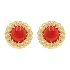 Yellow Gold Coral Vintage Large Stud Earrings - 18k Clip-Ons