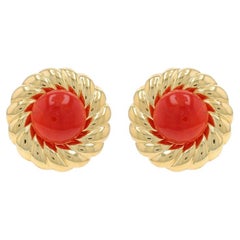 Yellow Gold Coral Vintage Large Stud Earrings - 18k Clip-Ons