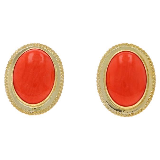 Gelbgold Koralle Vintage Große Ohrstecker - 18k Oval Cabochon durchbohrt