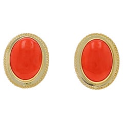 Yellow Gold Coral Vintage Large Stud Earrings - 18k Oval Cabochon Pierced