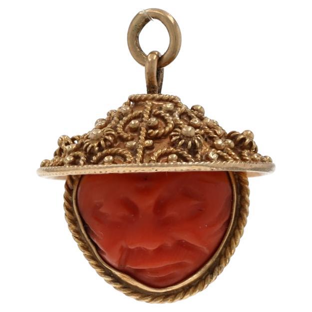 Yellow Gold Coral Vintage Reposed Face Double-Sided Pendant - 18k Carved