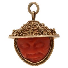 Yellow Gold Coral Vintage Reposed Face Double-Sided Pendant - 18k Carved