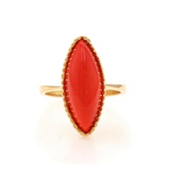 Yellow Gold Coral Vintage Solitaire Cocktail Ring 14k Marquise Cabochon