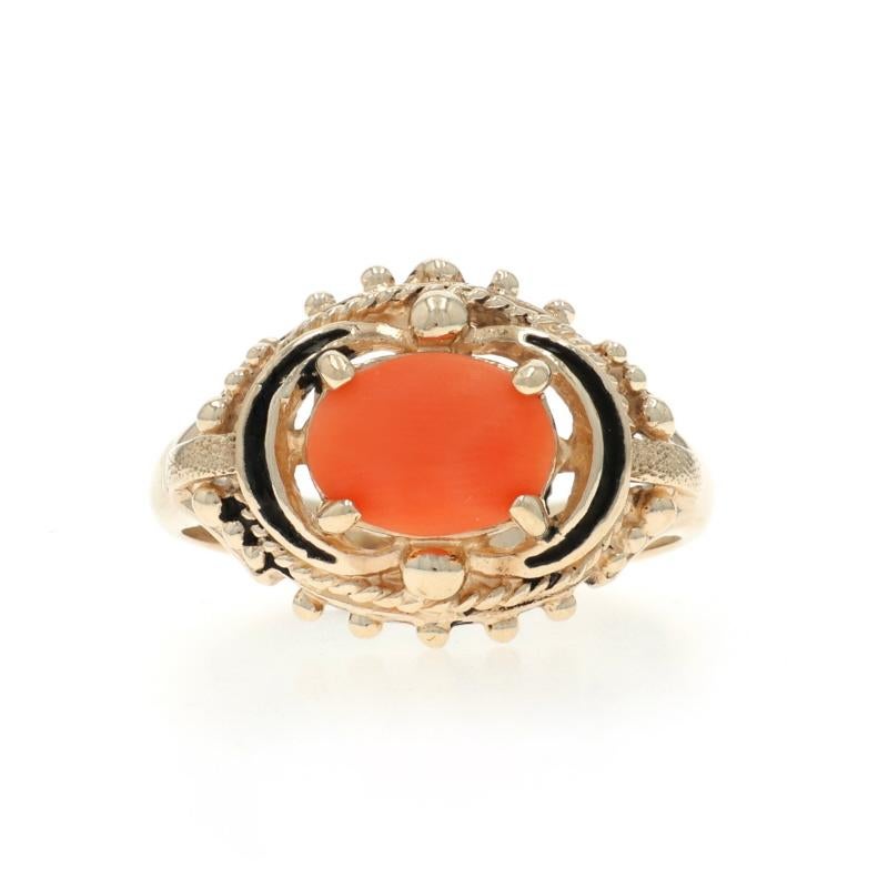Yellow Gold Coral Vintage Solitaire Ring - 10k Oval Cabochon East-West