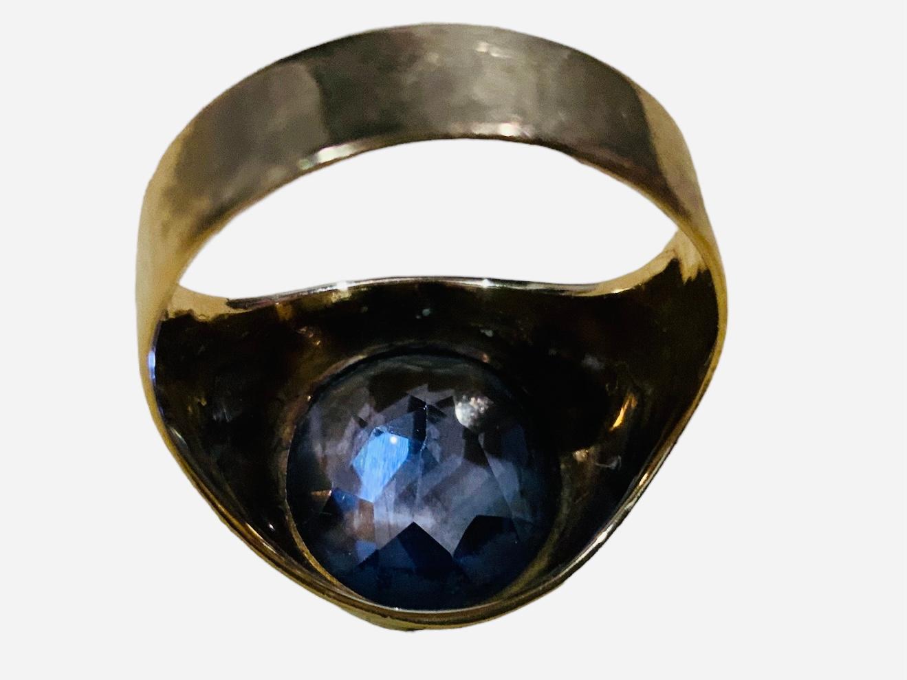 Egyptian Revival Yellow  Gold Corundum Blue Sapphire Signet Ring For Sale
