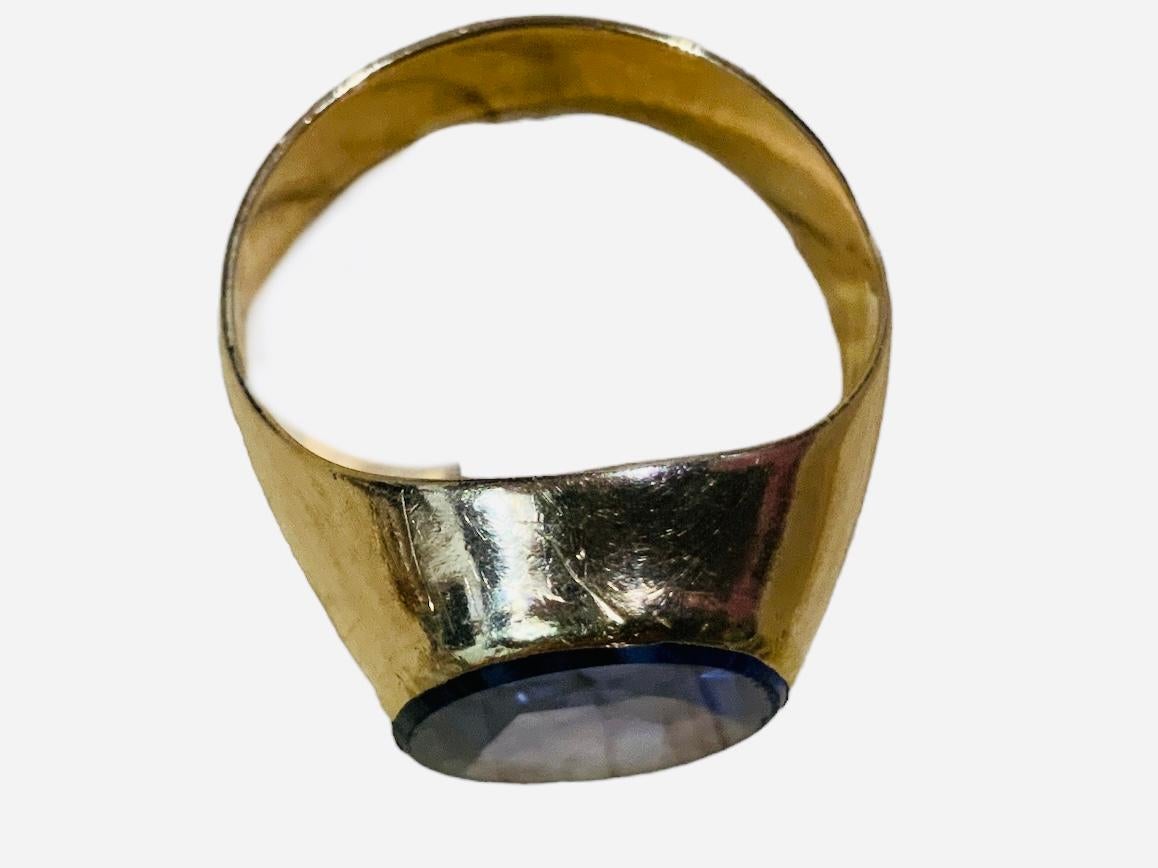 Oval Cut Yellow  Gold Corundum Blue Sapphire Signet Ring For Sale