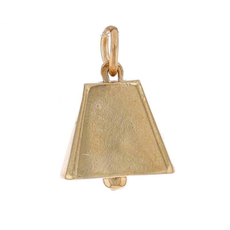 Metal Content: 14k Yellow Gold

Theme: Cow Bell, Livestock, Farming
Features: The bell's claper slightly moves back and forth but it does not produce a sound.

Measurements

Tall (from stationary bail): 17/32