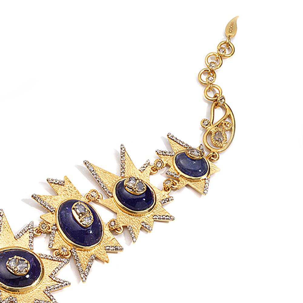 Contemporary Yellow Gold Crescent Bracelet with Tanzanite and 4.12 Carat Diamonds For Sale