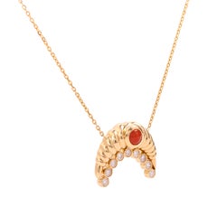 Yellow Gold Crescent Diamond and Coral Pendant Necklace
