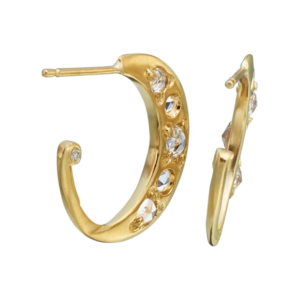 Yellow Gold Crescent Hoop Earring w/ Rose Cut White Sapphire and diamond accent In New Condition For Sale In Weehawken, NJ