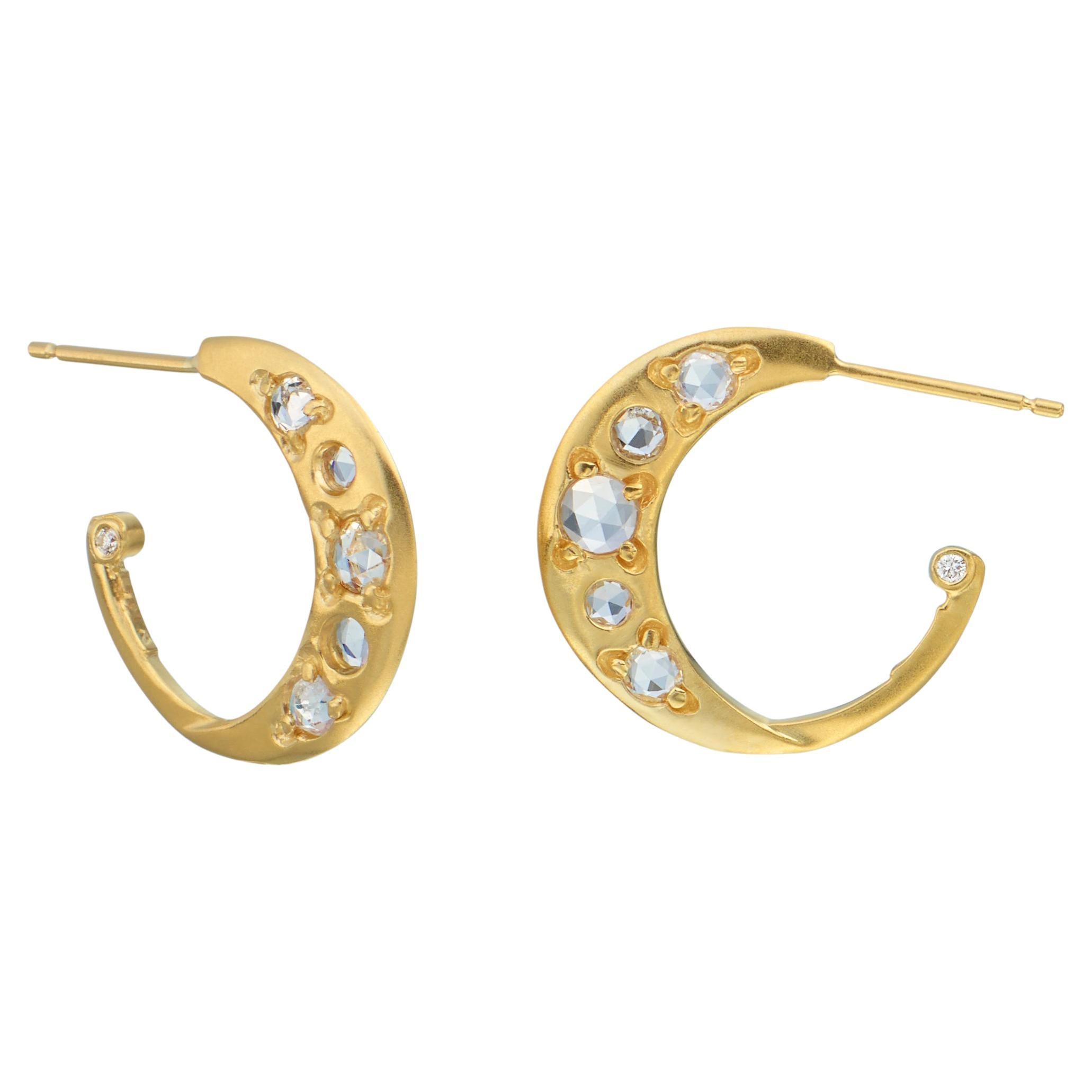 Yellow Gold Crescent Hoop Earring w/ Rose Cut White Sapphire and diamond accent For Sale